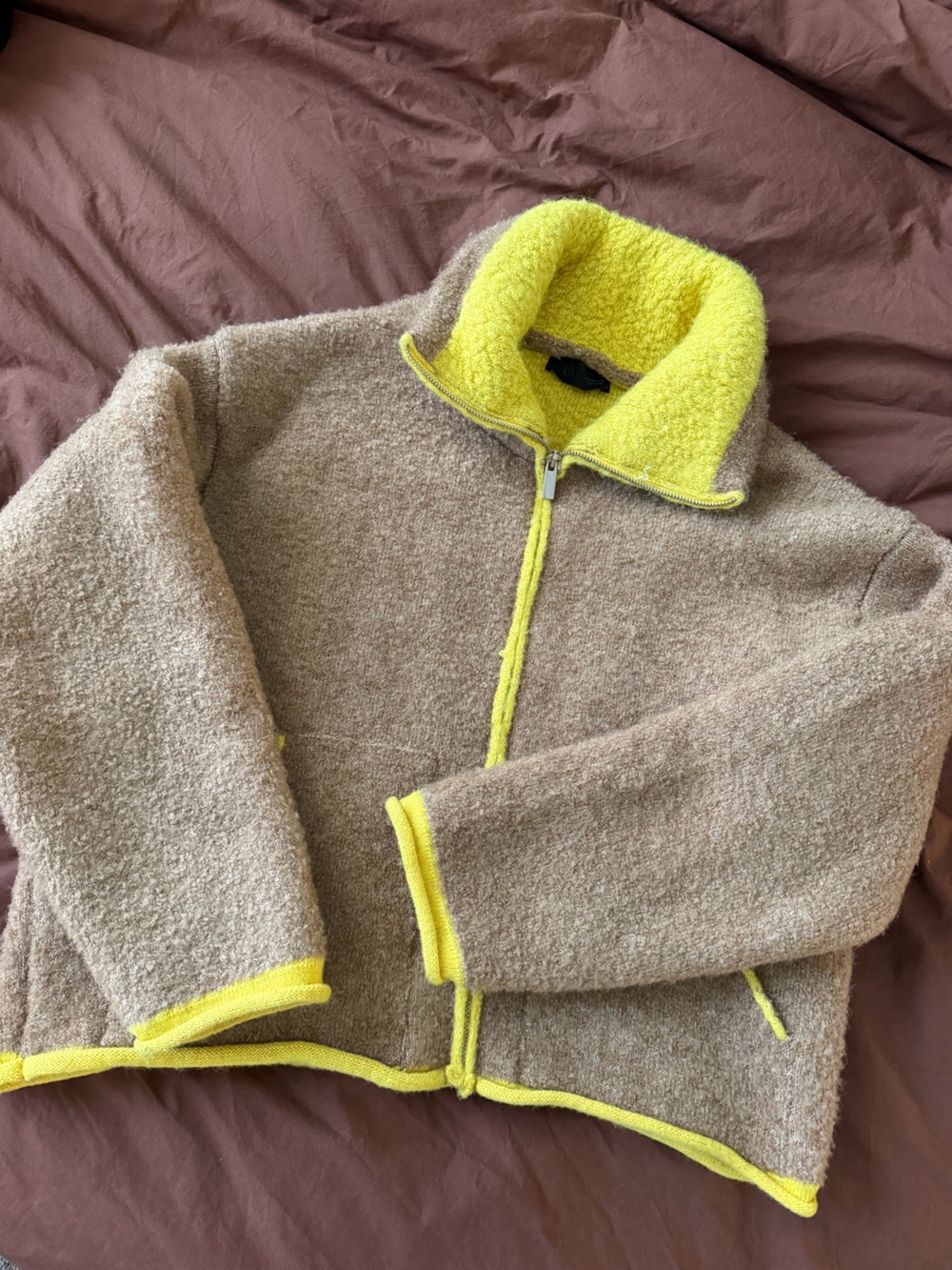 NWOT Zara Cozy Taupe Sherpa Jacket with Neon Yellow Trim